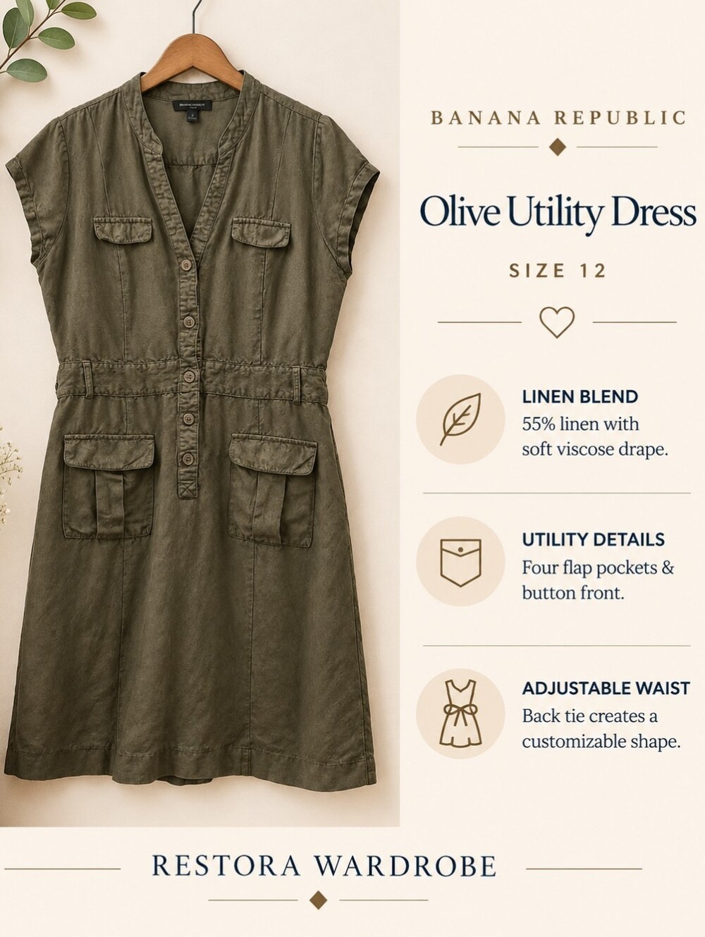 Banana Republic Utility Dress Olive Linen Blend Size 12 Safari